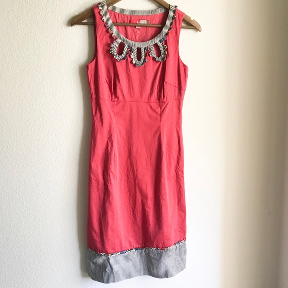 Boden Coral Pink Floral Dress Sz 2 Keyhole Striped - Picture 2 of 7